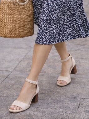 Soludos Braided Ankle Strap Heels | Neutral Suede | Size 7.5